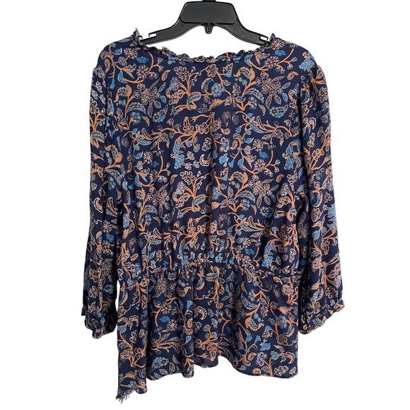 Lucky Brand Boho Navy Paisley Faux Wrap Peplum Blouse Long Sleeve Ruffle Neck XL - Picture 4 of 10